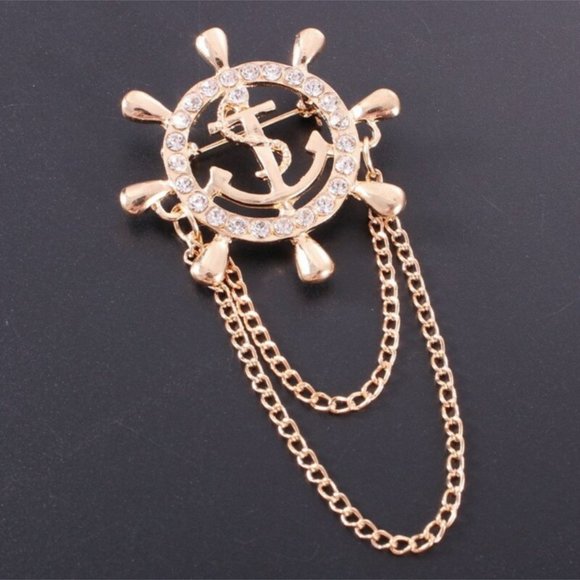 Brooch, Ships Wheel with Diamonds, Cross, Anchor, Snake, 2 Chains Draping Down - Picture 1 of 6